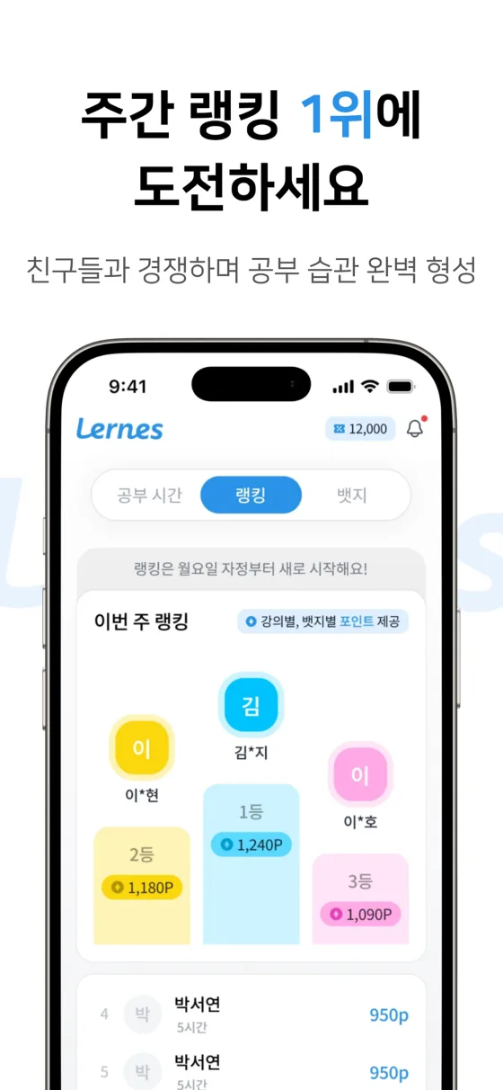 랭킹 화면 — 이번 주 상위 이용자 시상대와 순위 목록